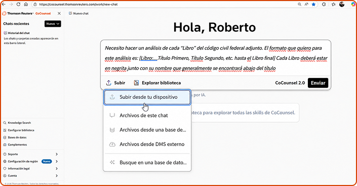 Pantalla de CoCounsel Core: Hola, Roberto